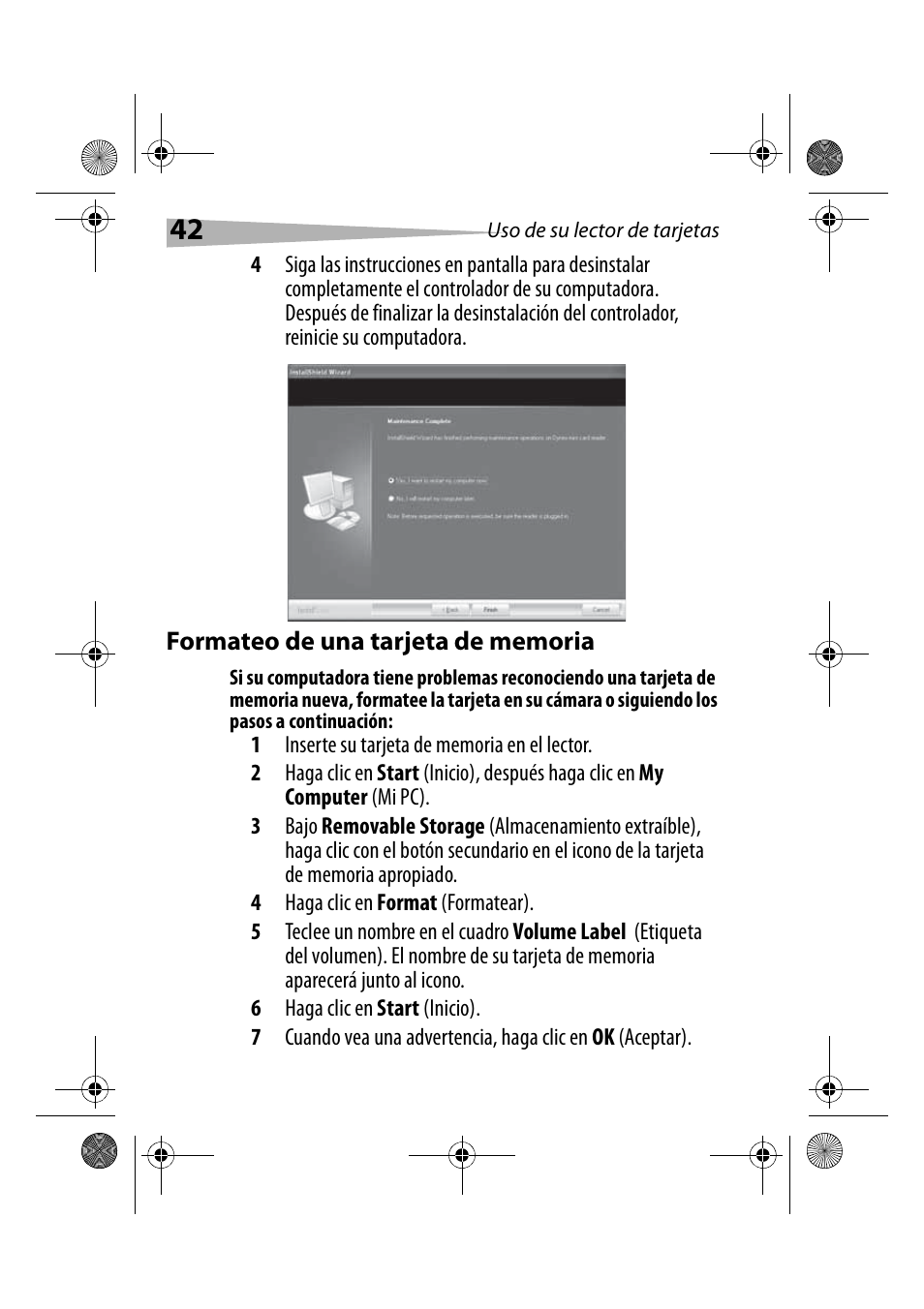 Formateo de una tarjeta de memoria | Dynex DX-CRCF12 User Manual | Page 42 / 50