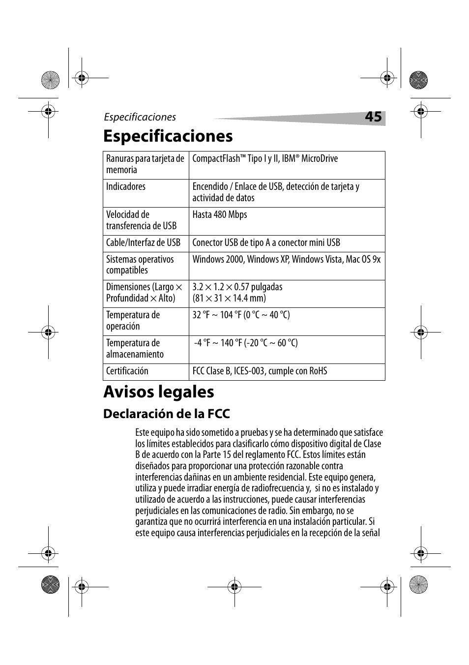 Especificaciones, Avisos legales, Declaración de la fcc | Especificaciones avisos legales | Dynex DX-CRCF12 User Manual | Page 45 / 50