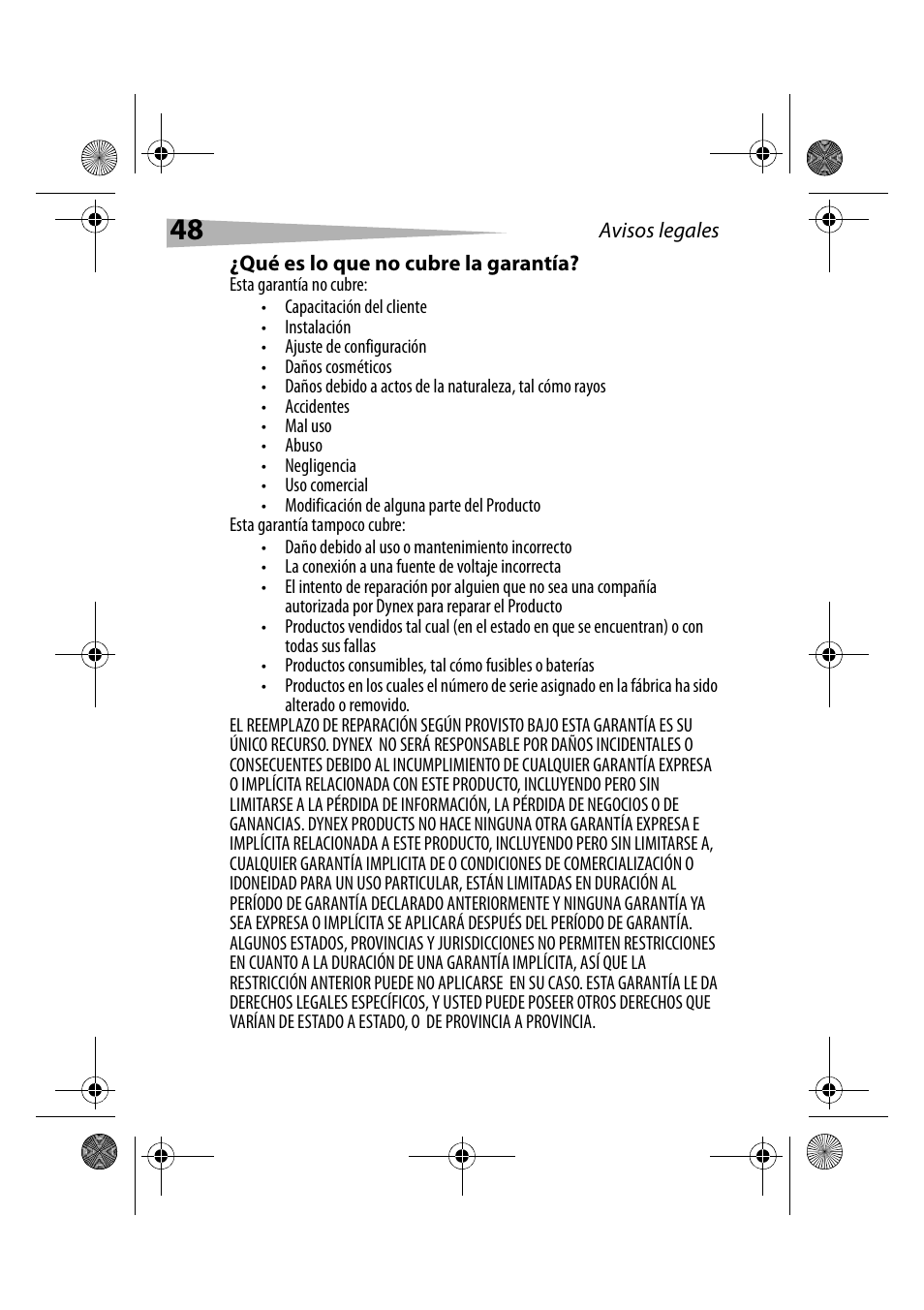 Qué es lo que no cubre la garantía | Dynex DX-CRCF12 User Manual | Page 48 / 50