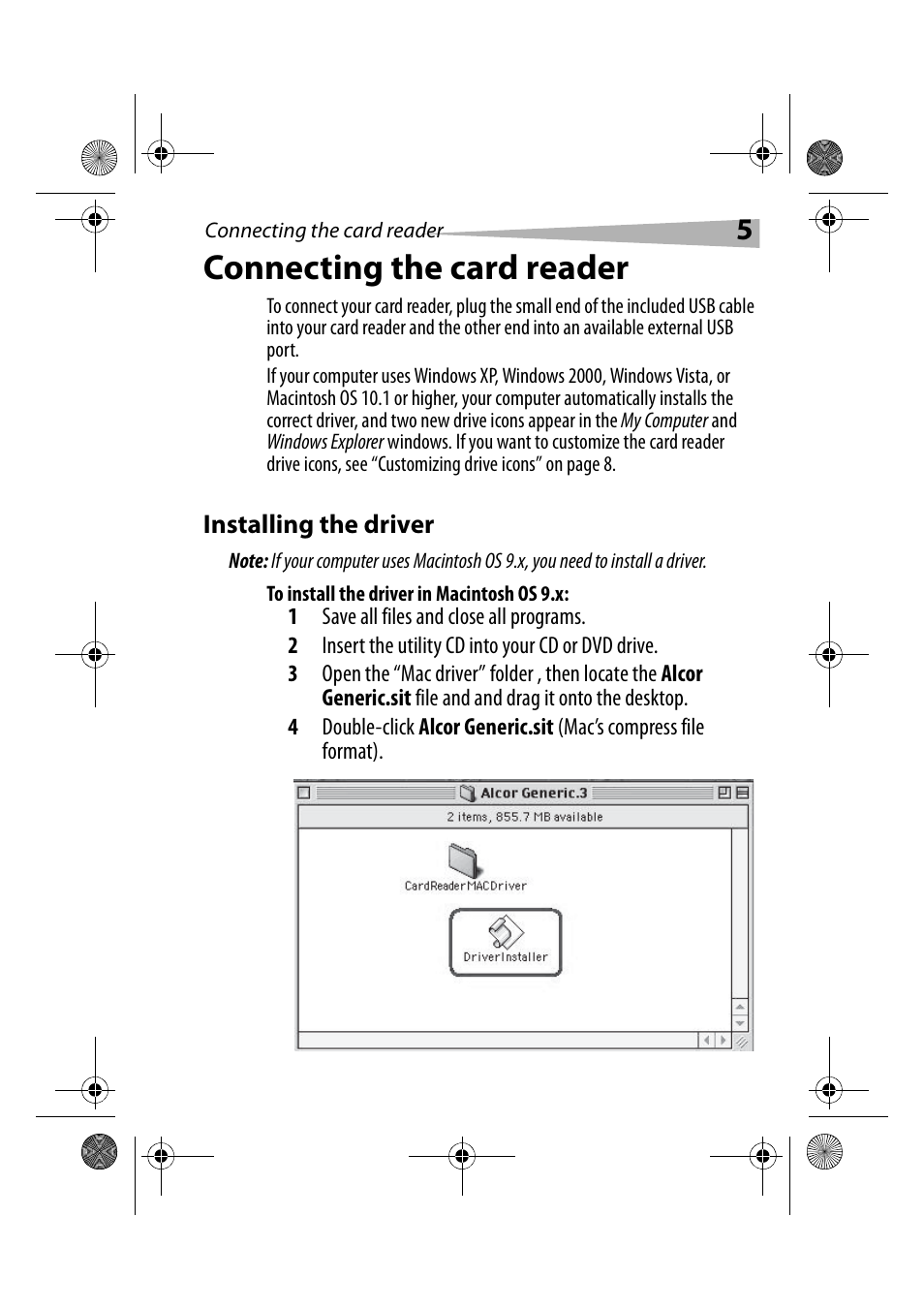 Connecting the card reader, Installing the driver, To install the driver in macintosh os 9.x | Dynex DX-CRCF12 User Manual | Page 5 / 50