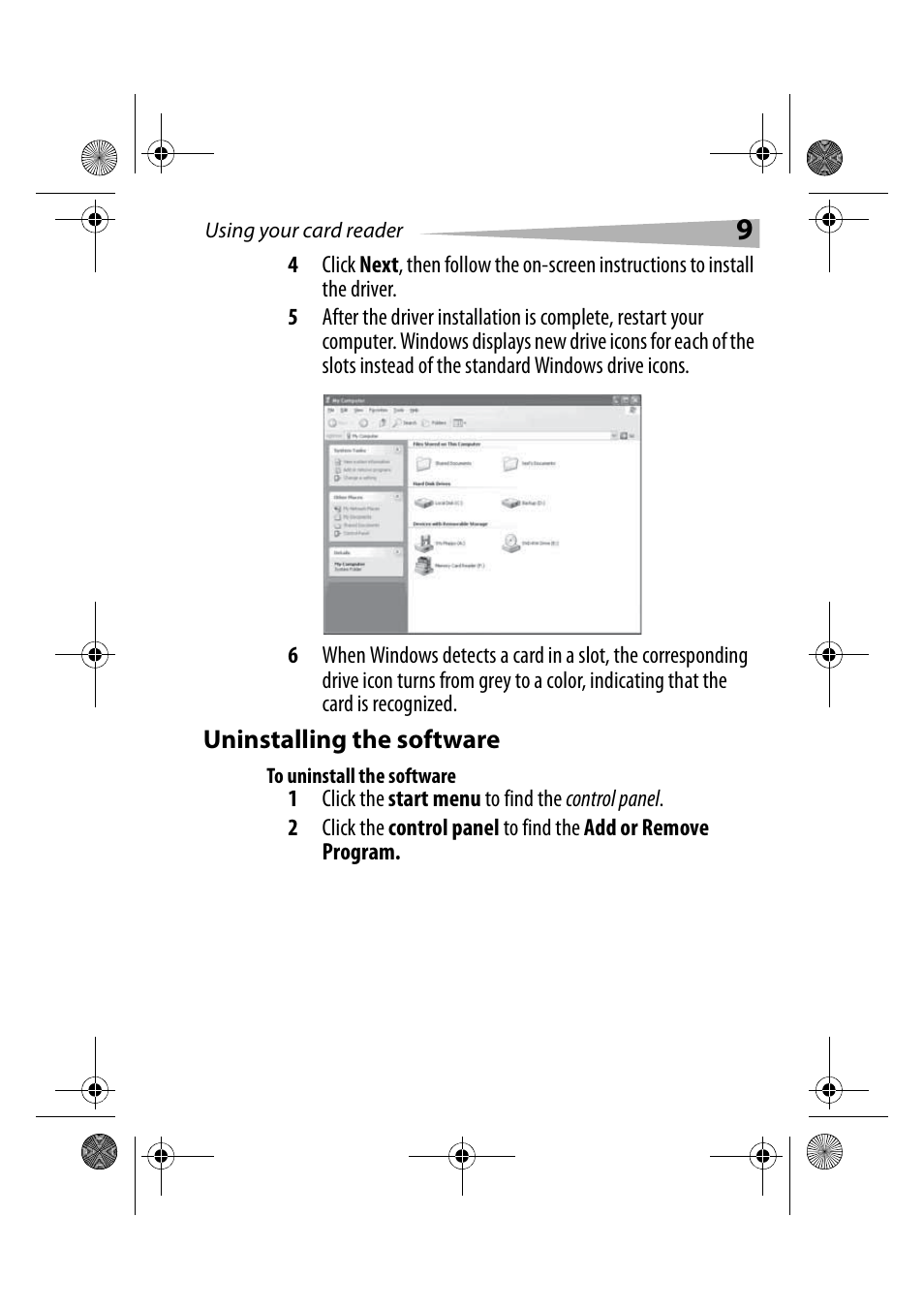 Uninstalling the software, To uninstall the software | Dynex DX-CRCF12 User Manual | Page 9 / 50