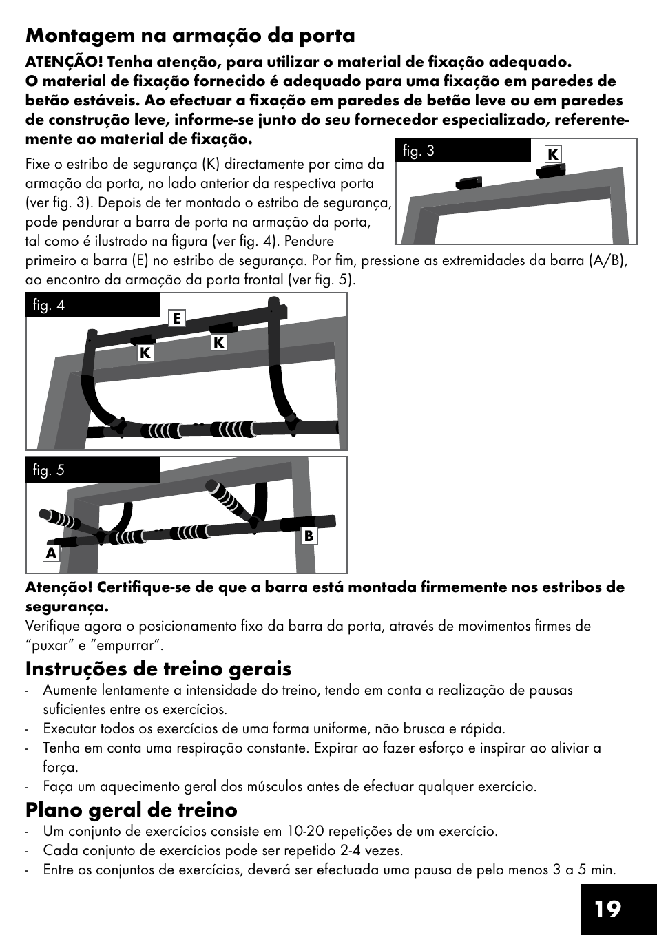 19 montagem na armação da porta, Instruções de treino gerais, Plano geral de treino | Crivit MR-1442 User Manual | Page 19 / 36