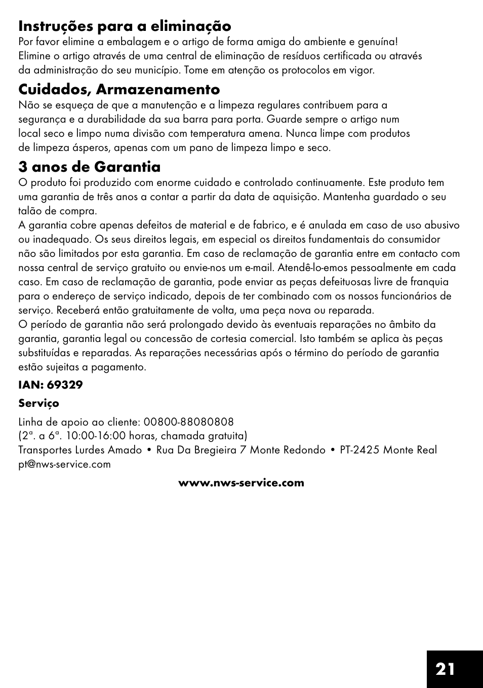 21 instruções para a eliminação, Cuidados, armazenamento, 3 anos de garantia | Crivit MR-1442 User Manual | Page 21 / 36