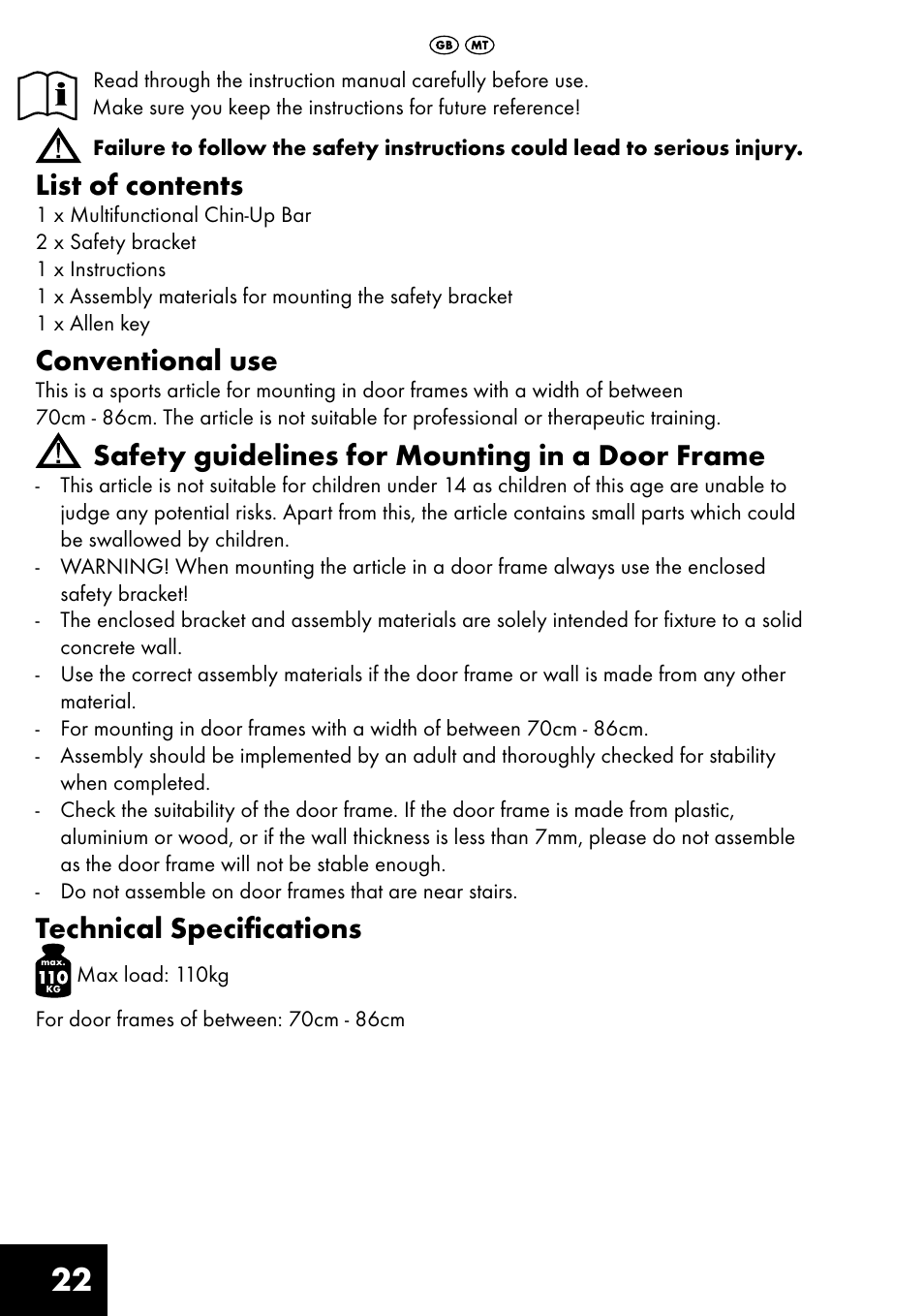 List of contents, Conventional use, Safety guidelines for mounting in a door frame | Technical specifications | Crivit MR-1442 User Manual | Page 22 / 36
