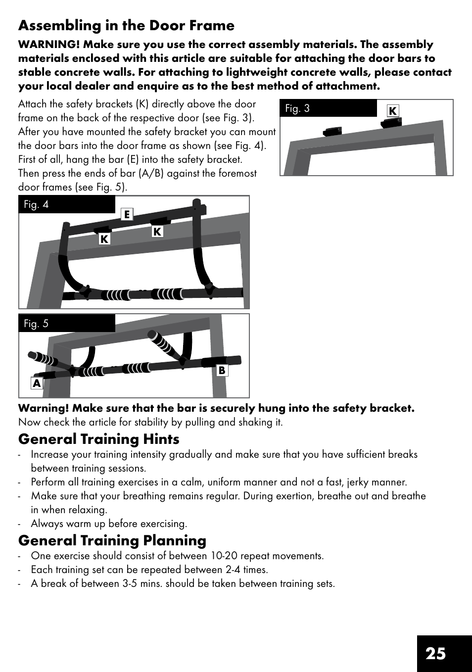 25 assembling in the door frame, General training hints, General training planning | Crivit MR-1442 User Manual | Page 25 / 36