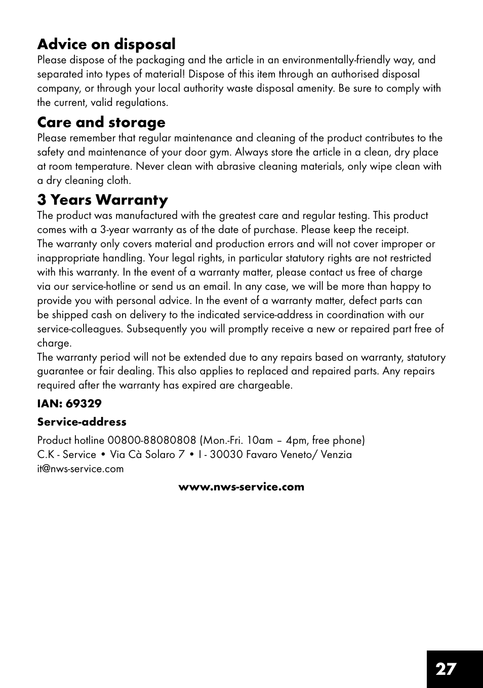 27 advice on disposal, Care and storage, 3 years warranty | Crivit MR-1442 User Manual | Page 27 / 36