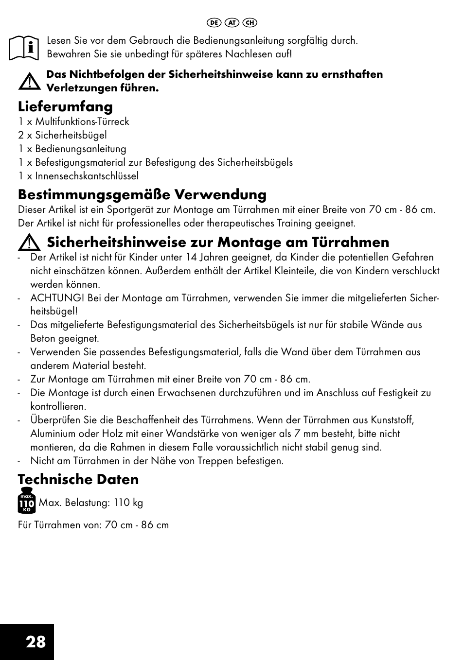 Lieferumfang, Bestimmungsgemäße verwendung, Sicherheitshinweise zur montage am türrahmen | Technische daten | Crivit MR-1442 User Manual | Page 28 / 36