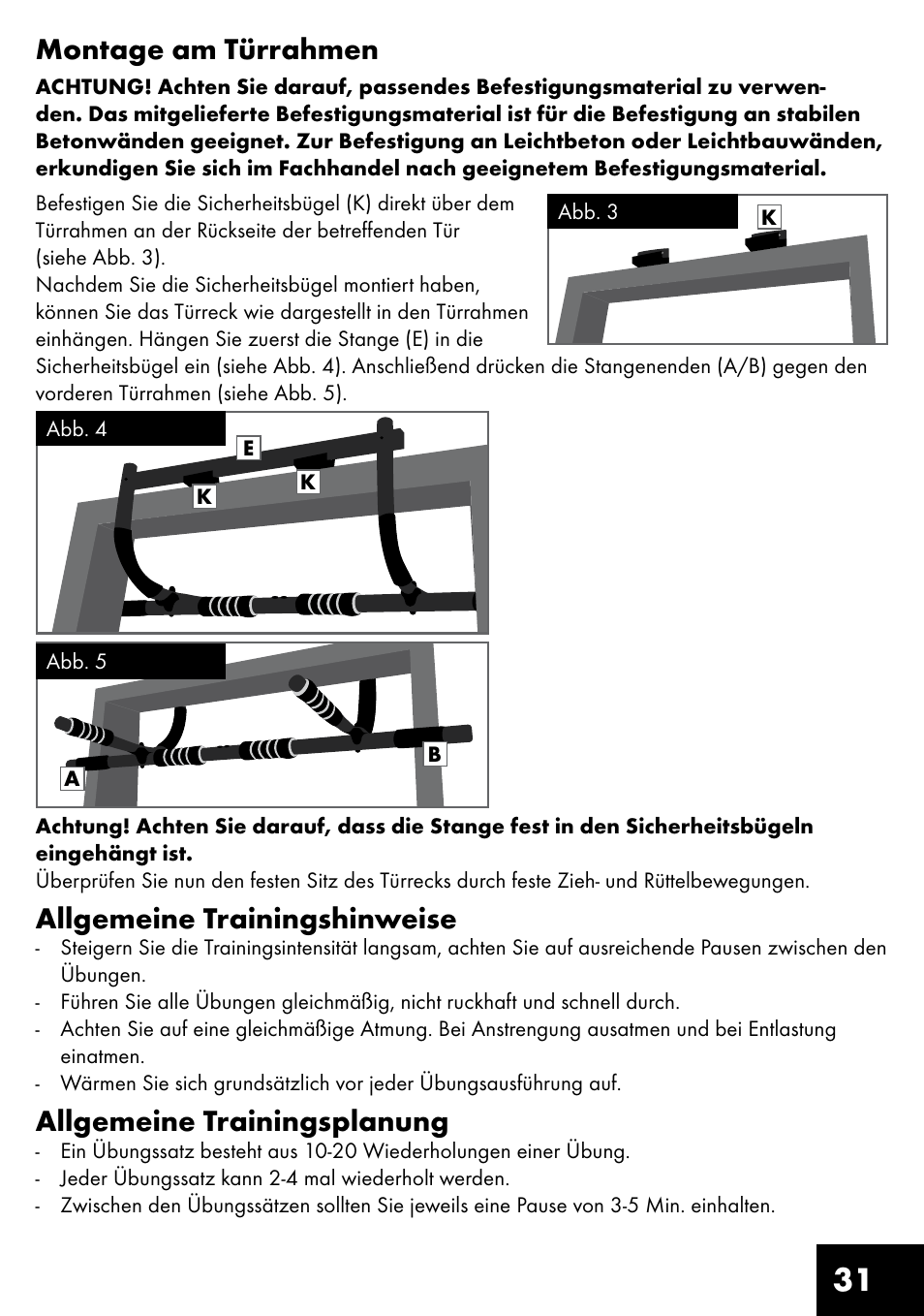 31 montage am türrahmen, Allgemeine trainingshinweise, Allgemeine trainingsplanung | Crivit MR-1442 User Manual | Page 31 / 36