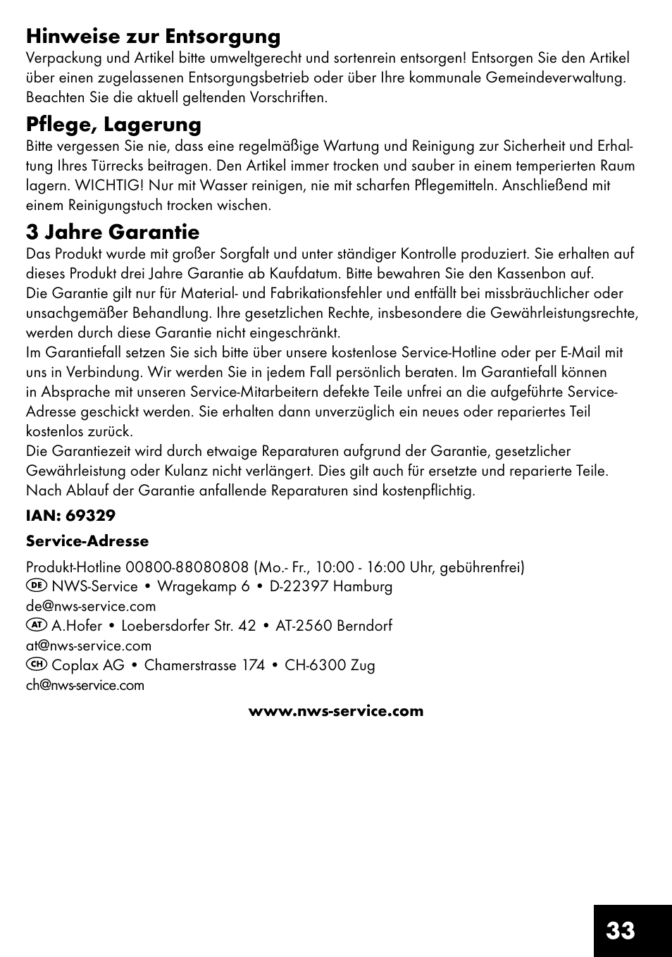 33 hinweise zur entsorgung, Pflege, lagerung, 3 jahre garantie | Crivit MR-1442 User Manual | Page 33 / 36