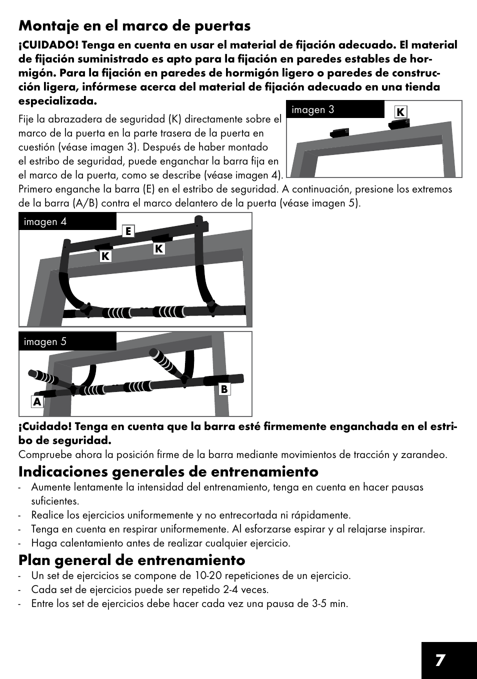 7montaje en el marco de puertas, Indicaciones generales de entrenamiento, Plan general de entrenamiento | Crivit MR-1442 User Manual | Page 7 / 36