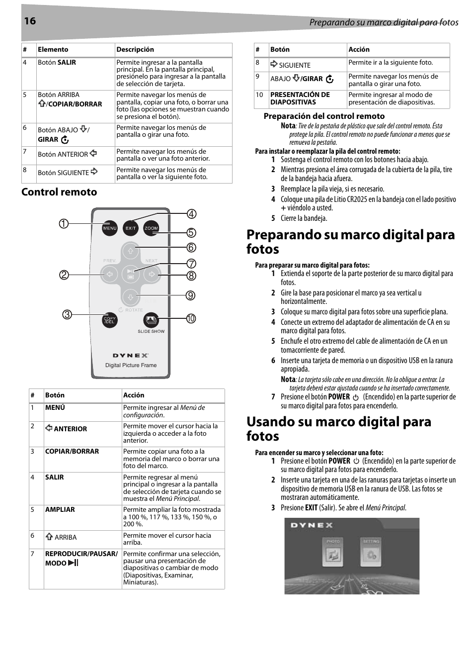 Control remoto, Preparación del control remoto, Preparando su marco digital para fotos | Usando su marco digital para fotos | Dynex DX-DPF7 User Manual | Page 16 / 22