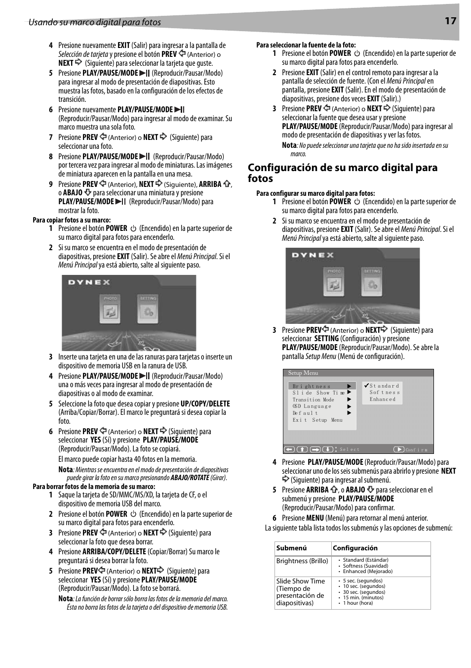 Configuración de su marco digital para fotos | Dynex DX-DPF7 User Manual | Page 17 / 22