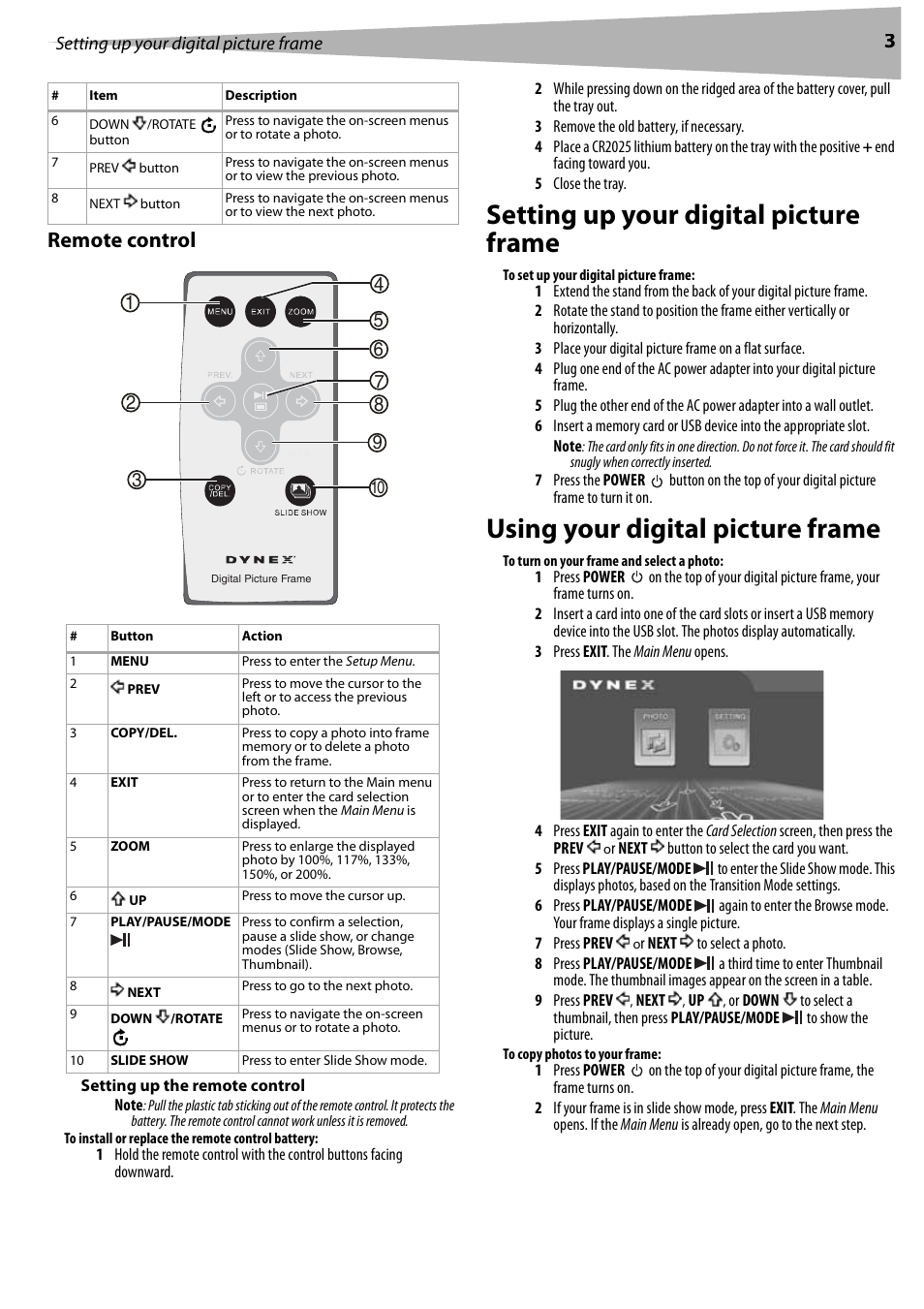 Remote control, Setting up the remote control, Setting up your digital picture frame | Using your digital picture frame, 3remote control | Dynex DX-DPF7 User Manual | Page 3 / 22