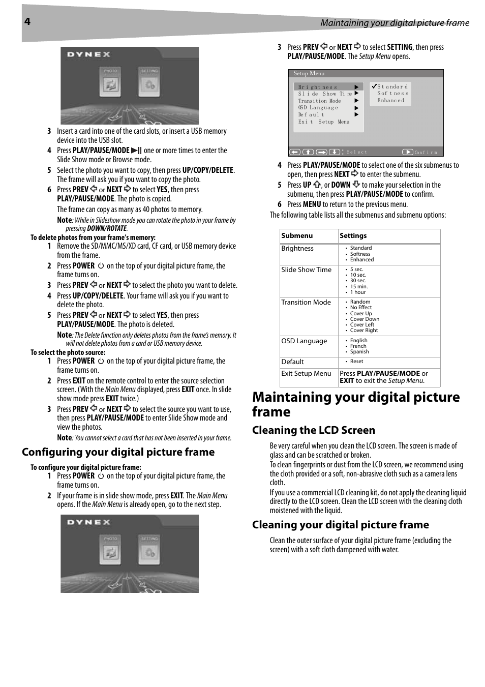 Configuring your digital picture frame, Maintaining your digital picture frame, Cleaning the lcd screen | Cleaning your digital picture frame | Dynex DX-DPF7 User Manual | Page 4 / 22