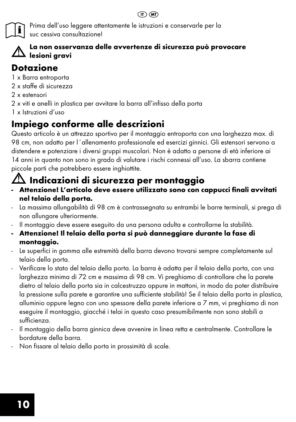 Dotazione, Impiego conforme alle descrizioni, Indicazioni di sicurezza per montaggio | Crivit TB-1443 User Manual | Page 10 / 36