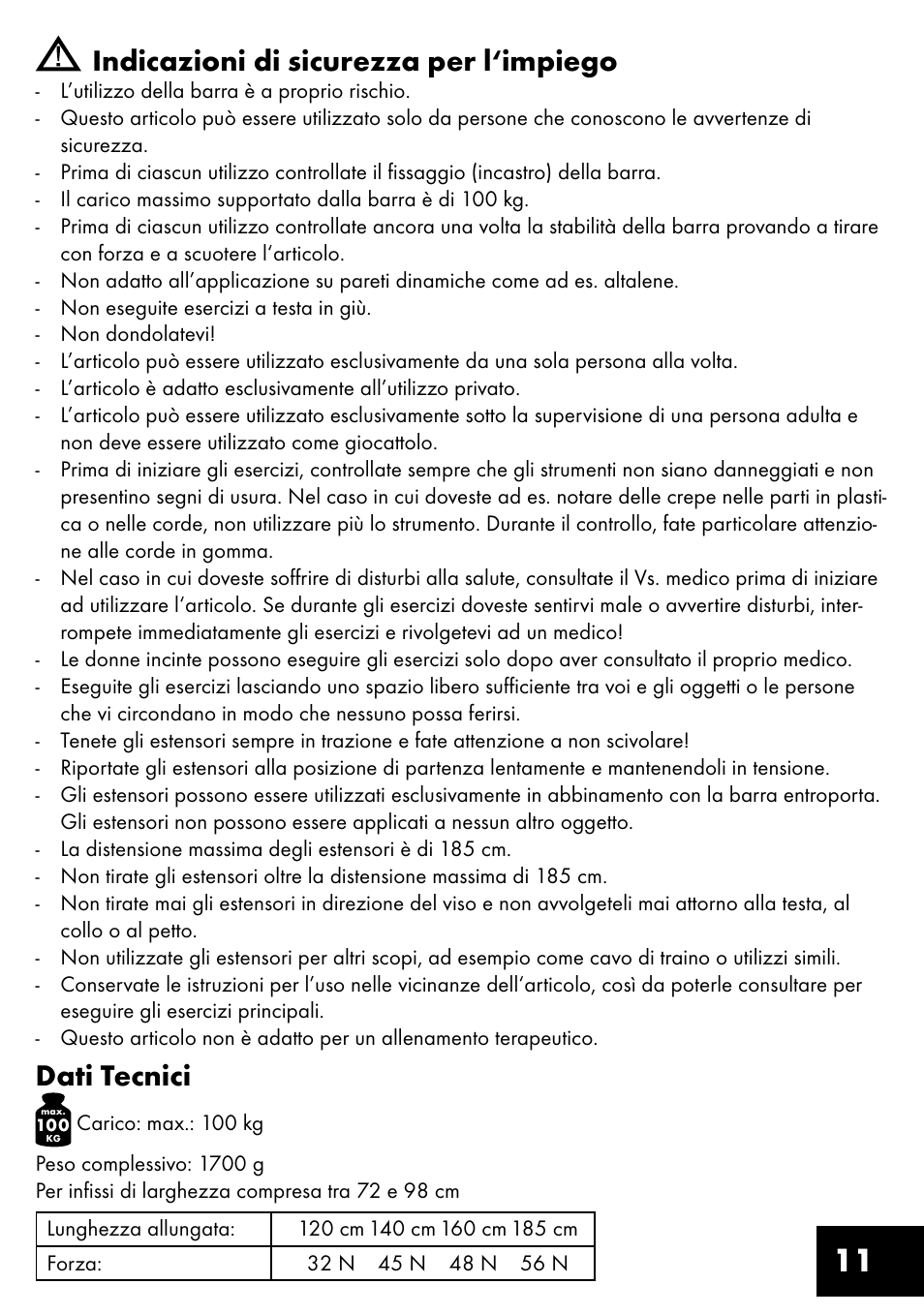 11 indicazioni di sicurezza per l‘impiego, Dati tecnici | Crivit TB-1443 User Manual | Page 11 / 36