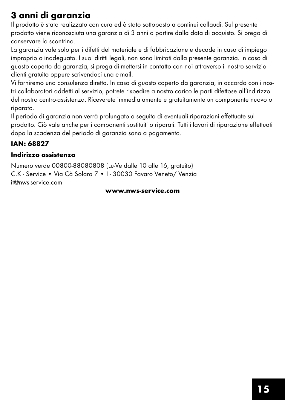 15 3 anni di garanzia | Crivit TB-1443 User Manual | Page 15 / 36