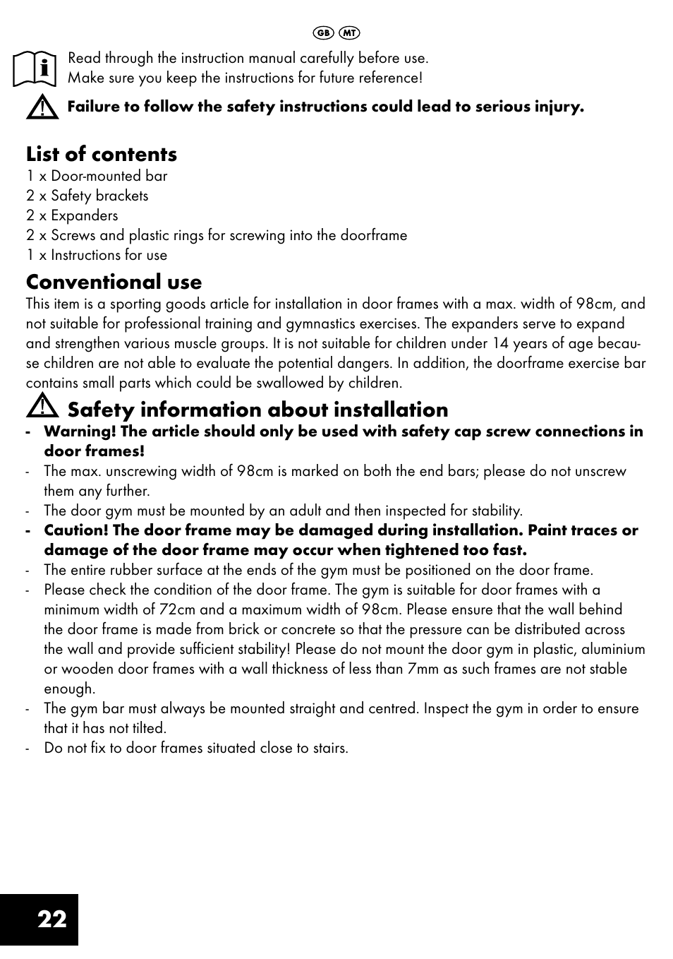 List of contents, Conventional use, Safety information about installation | Crivit TB-1443 User Manual | Page 22 / 36
