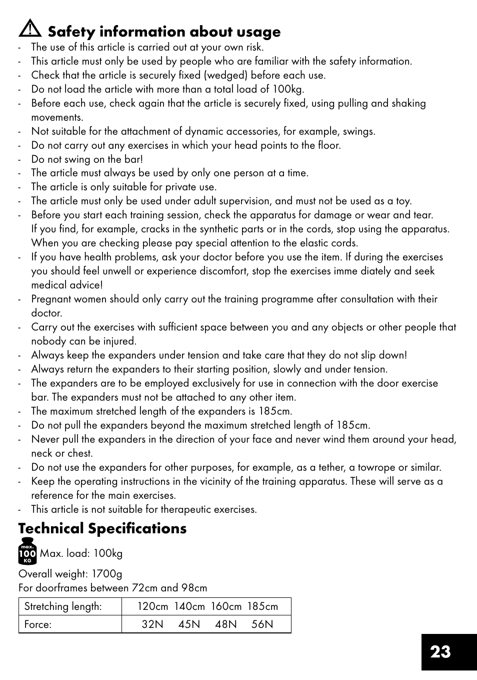 23 safety information about usage, Technical specifications | Crivit TB-1443 User Manual | Page 23 / 36