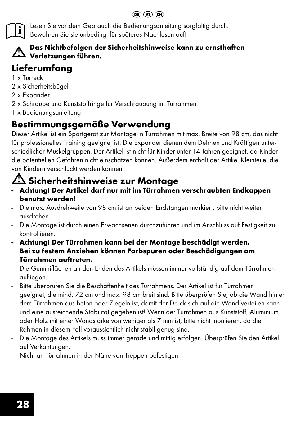 Lieferumfang, Bestimmungsgemäße verwendung, Sicherheitshinweise zur montage | Crivit TB-1443 User Manual | Page 28 / 36