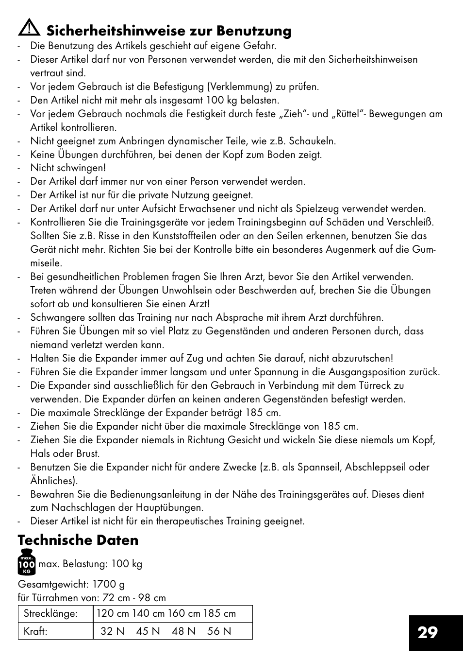 29 sicherheitshinweise zur benutzung, Technische daten | Crivit TB-1443 User Manual | Page 29 / 36