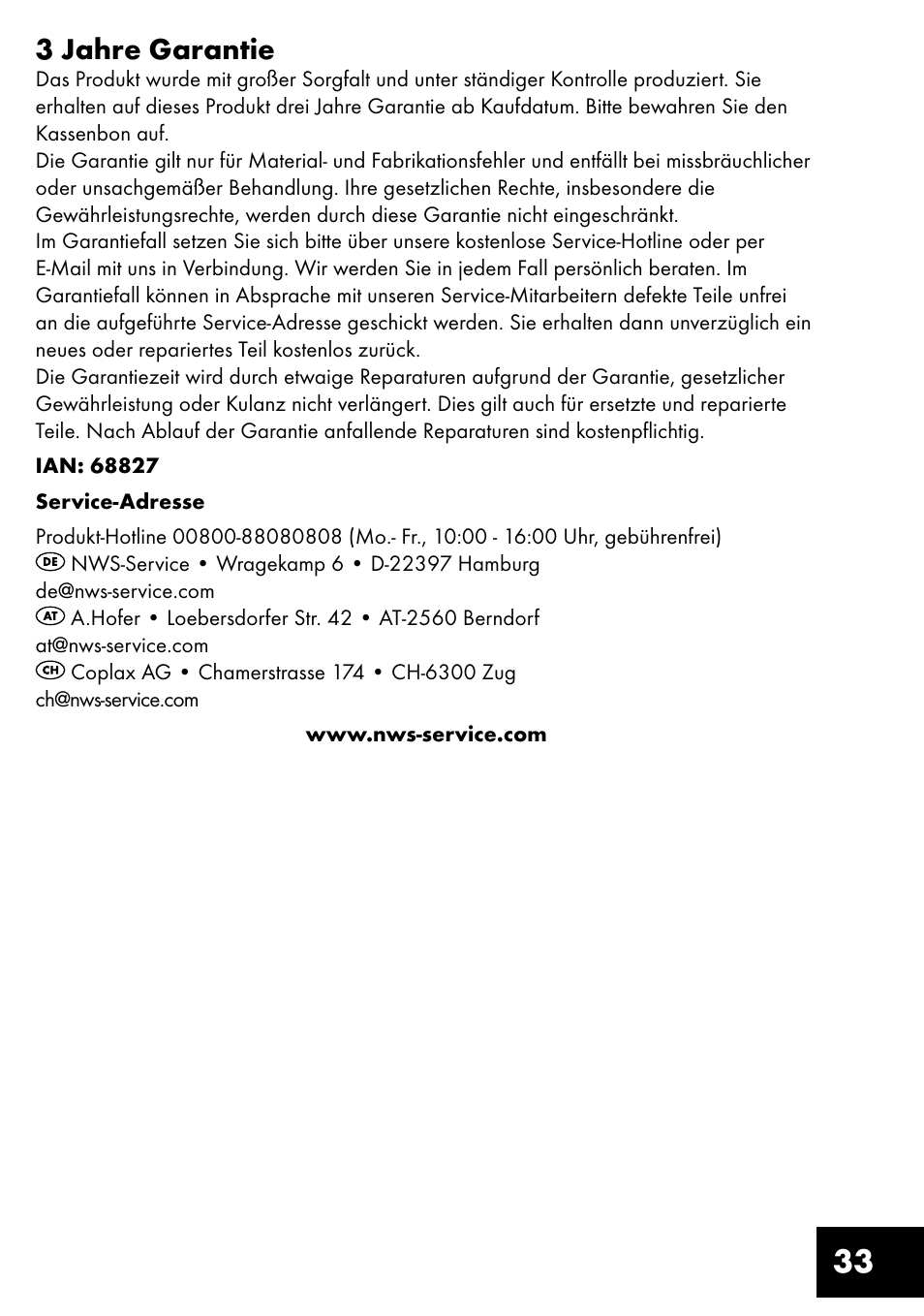 33 3 jahre garantie | Crivit TB-1443 User Manual | Page 33 / 36