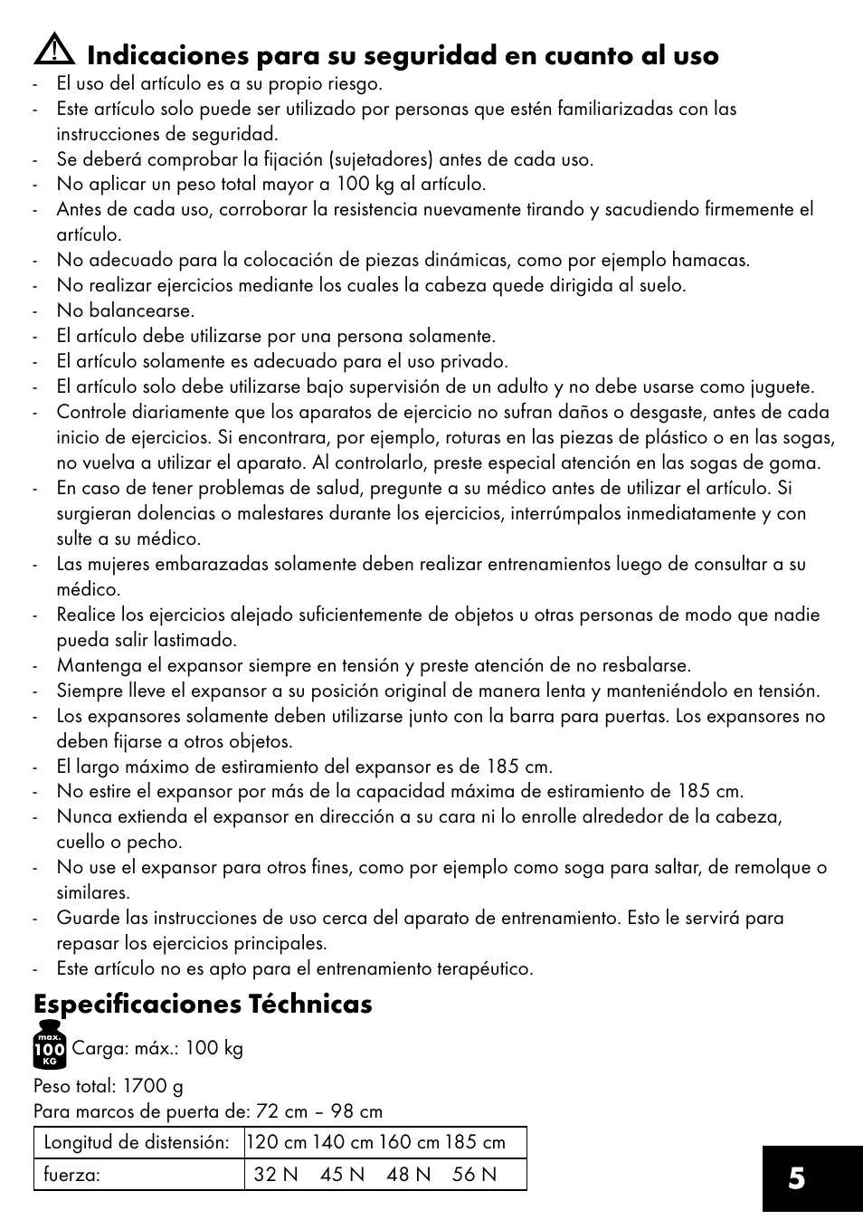 5indicaciones para su seguridad en cuanto al uso, Especificaciones téchnicas | Crivit TB-1443 User Manual | Page 5 / 36