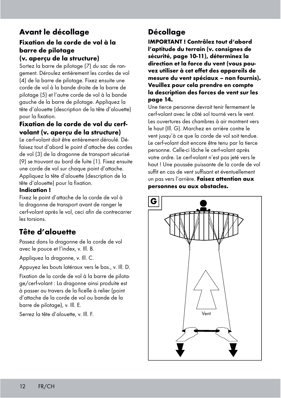 Décollage, Avant le décollage, Tête d’alouette | Crivit Sports Stunt Kite User Manual | Page 12 / 36