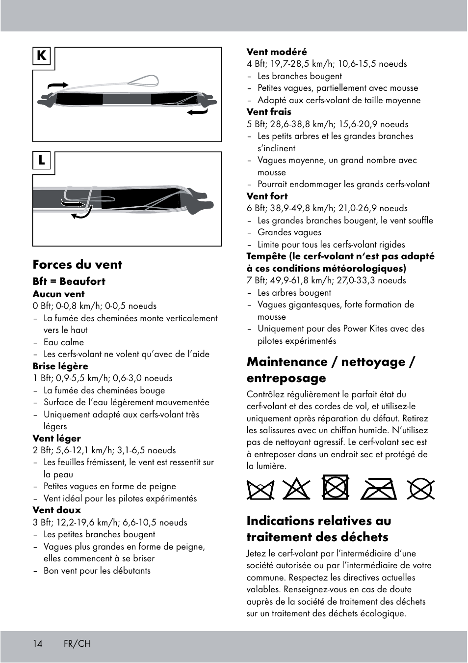 Maintenance / nettoyage / entreposage, Indications relatives au traitement des déchets, Forces du vent | Crivit Sports Stunt Kite User Manual | Page 14 / 36