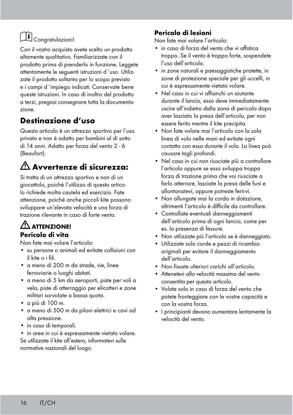 Destinazione d’uso, Avvertenze di sicurezza | Crivit Sports Stunt Kite User Manual | Page 16 / 36
