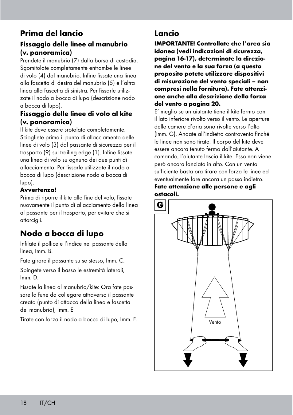 Lancio, Prima del lancio, Nodo a bocca di lupo | Crivit Sports Stunt Kite User Manual | Page 18 / 36