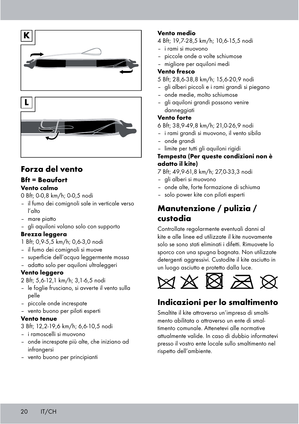 Manutenzione / pulizia / custodia, Indicazioni per lo smaltimento, Forza del vento | Crivit Sports Stunt Kite User Manual | Page 20 / 36