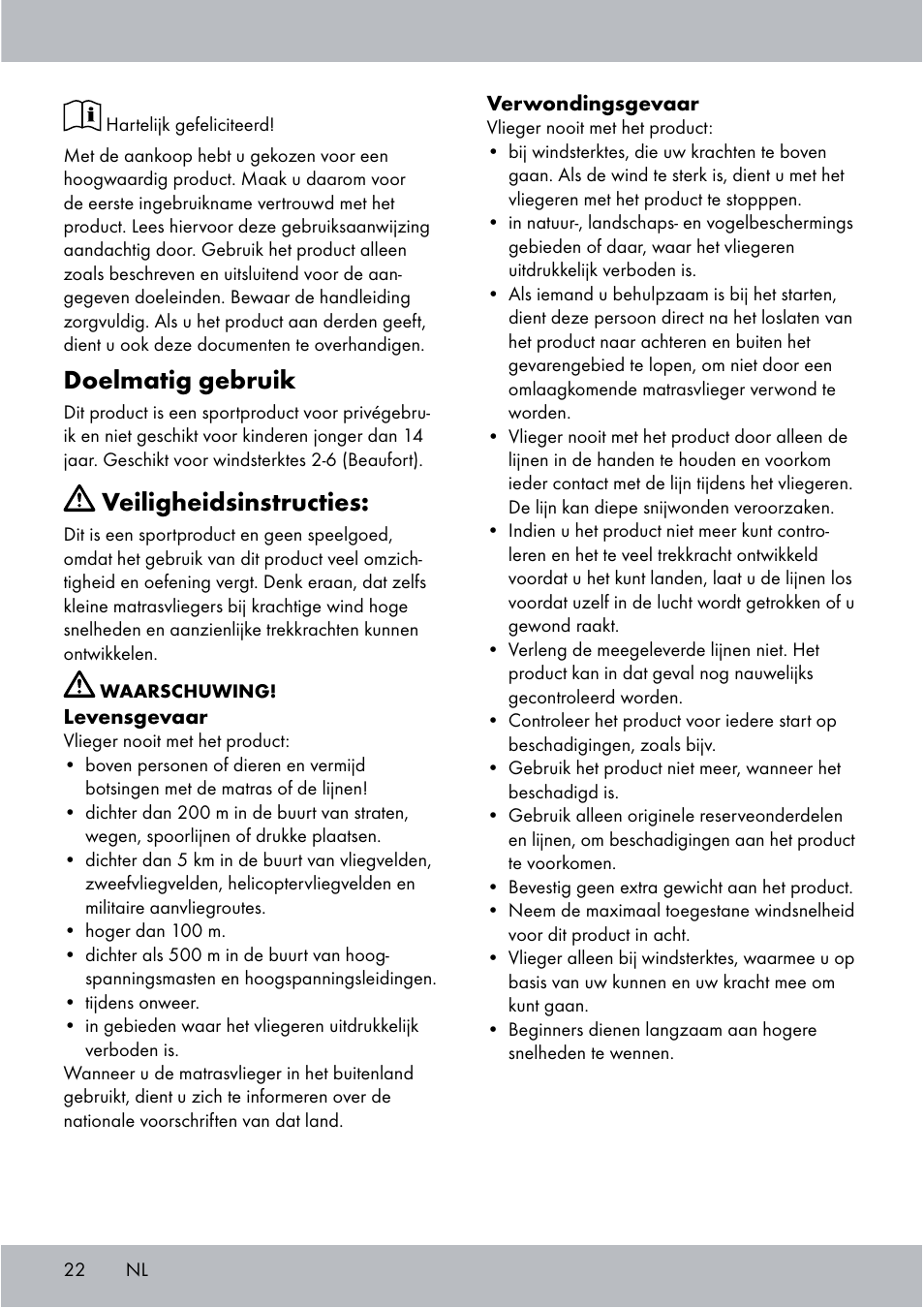 Doelmatig gebruik, Veiligheidsinstructies | Crivit Sports Stunt Kite User Manual | Page 22 / 36