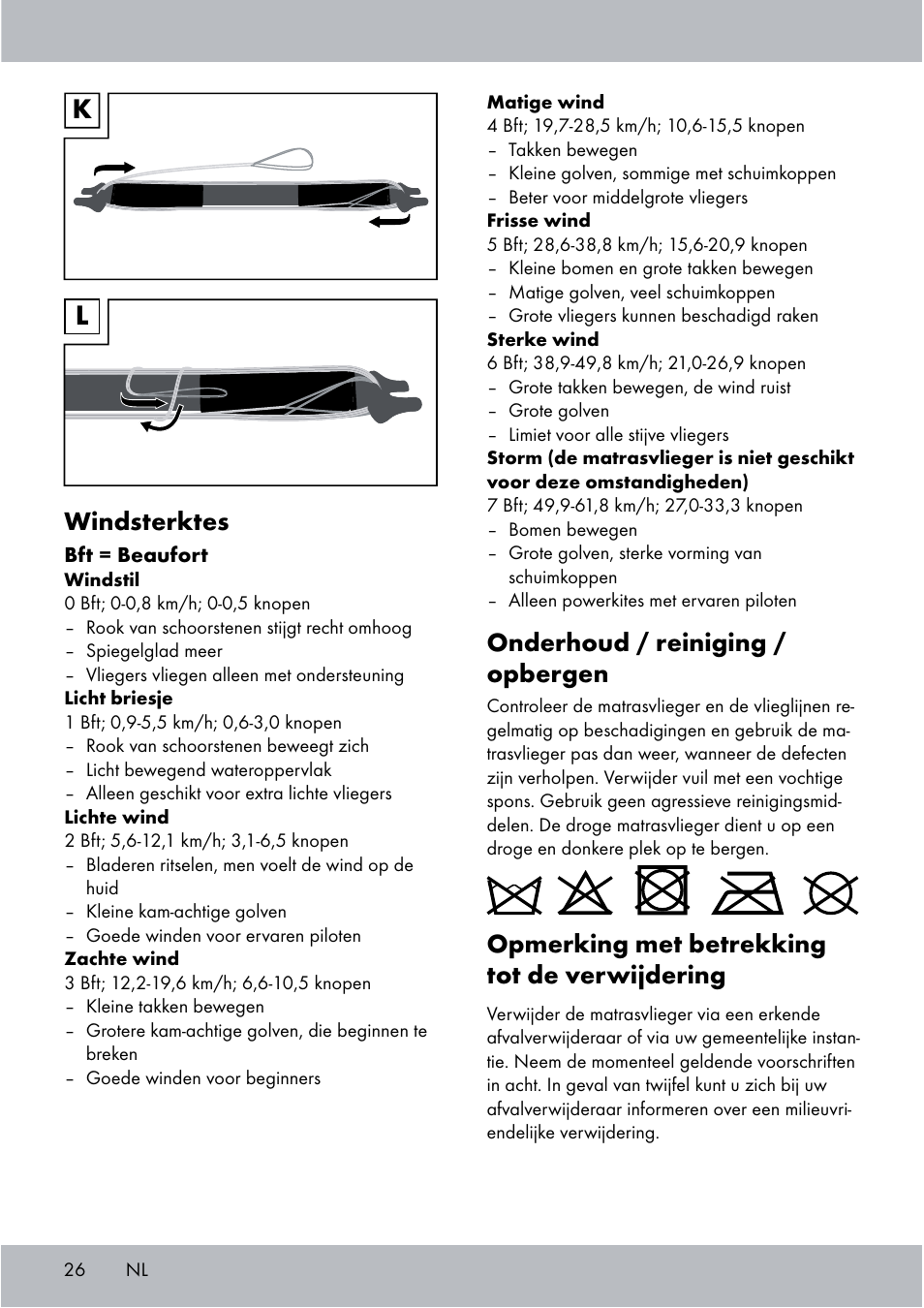 Onderhoud / reiniging / opbergen, Opmerking met betrekking tot de verwijdering, Windsterktes | Crivit Sports Stunt Kite User Manual | Page 26 / 36
