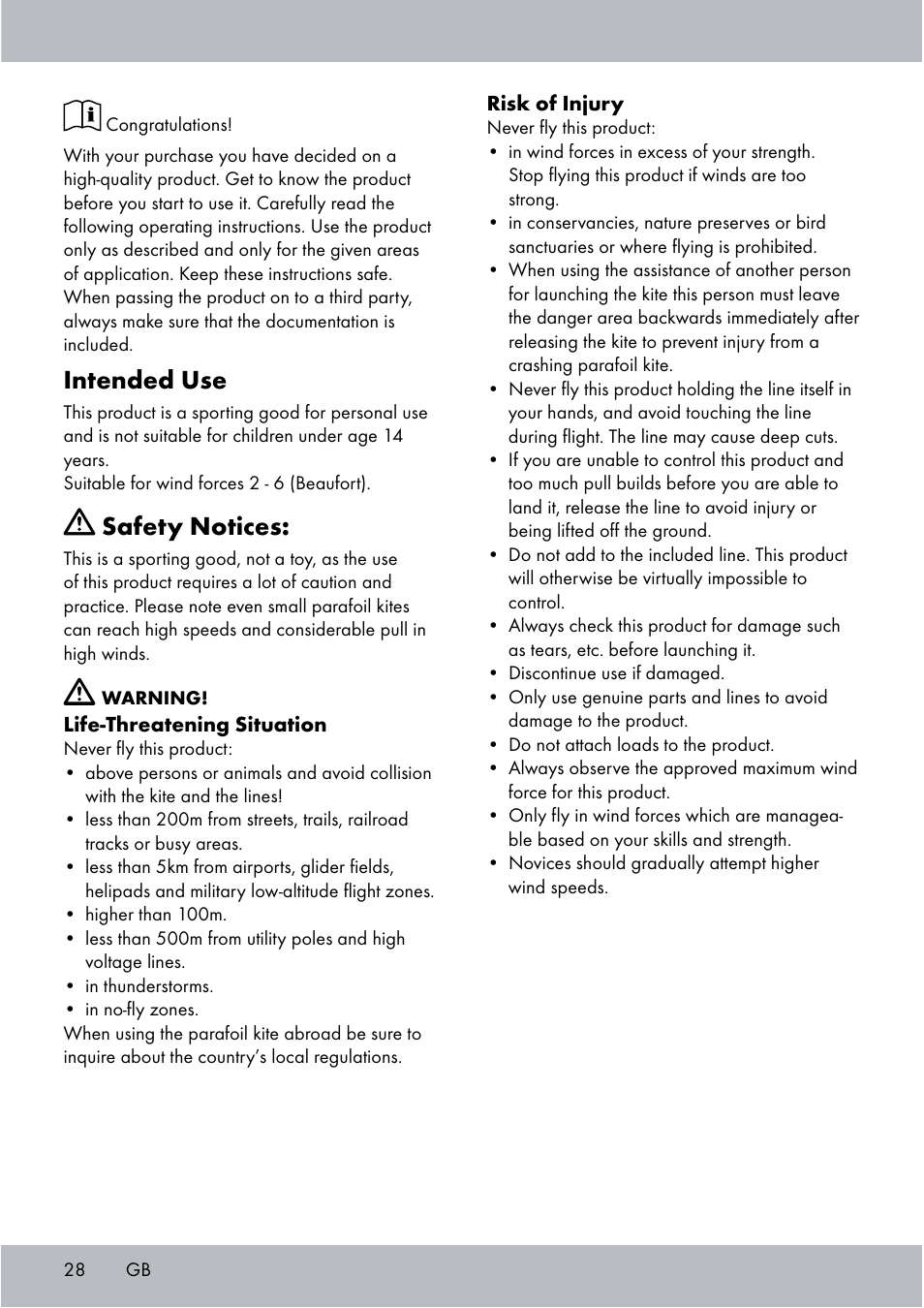 Intended use, Safety notices | Crivit Sports Stunt Kite User Manual | Page 28 / 36