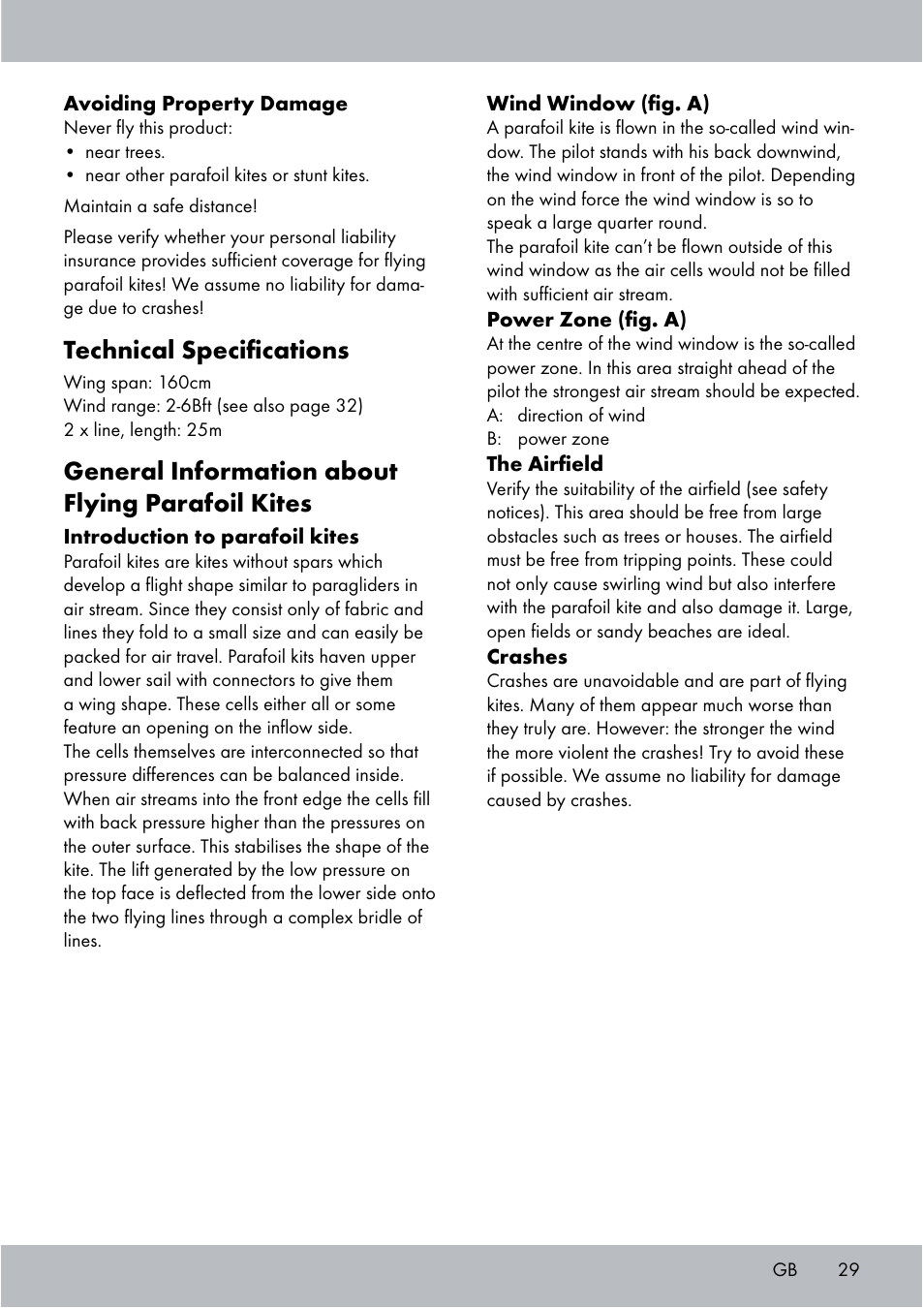 Technical speciﬁcations, General information about flying parafoil kites | Crivit Sports Stunt Kite User Manual | Page 29 / 36