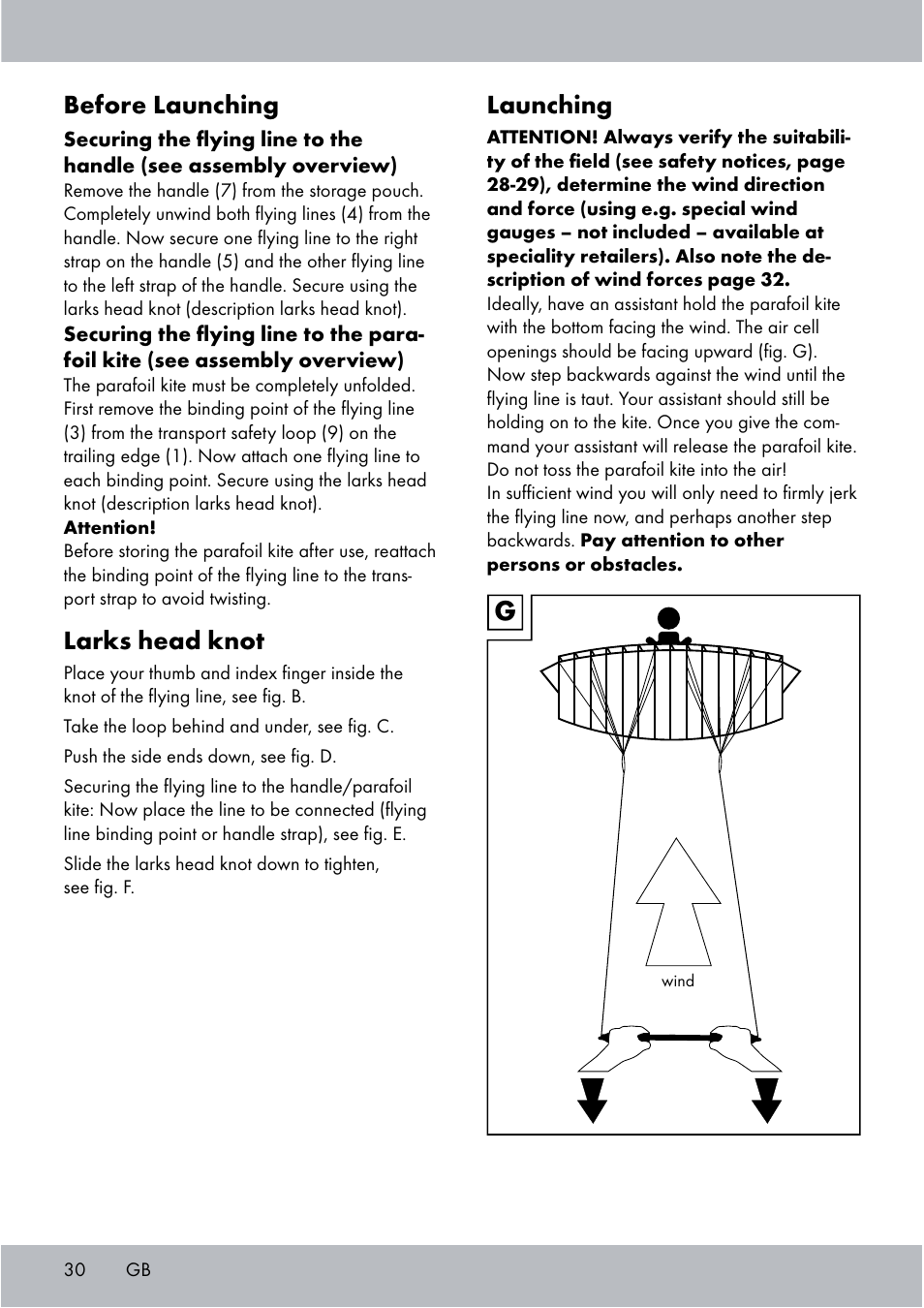 Launching, Before launching, Larks head knot | Crivit Sports Stunt Kite User Manual | Page 30 / 36