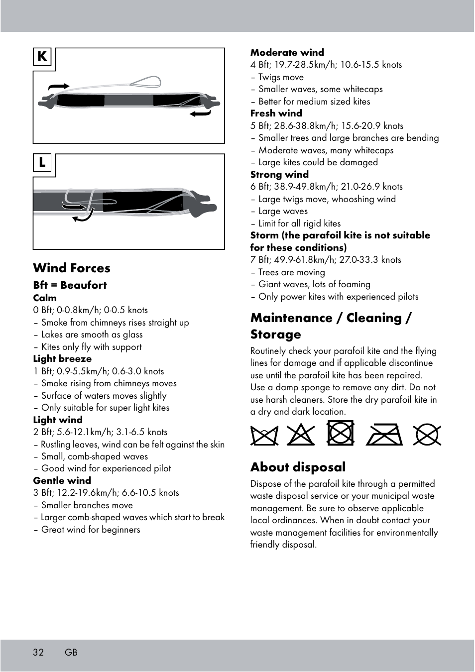 Maintenance / cleaning / storage, About disposal, Wind forces | Crivit Sports Stunt Kite User Manual | Page 32 / 36