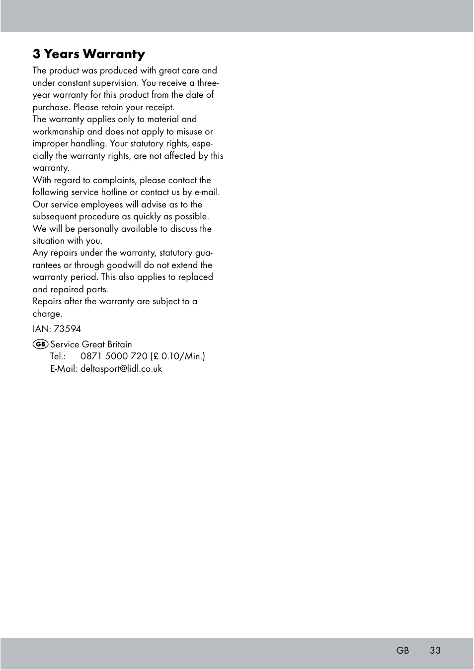 3 years warranty | Crivit Sports Stunt Kite User Manual | Page 33 / 36