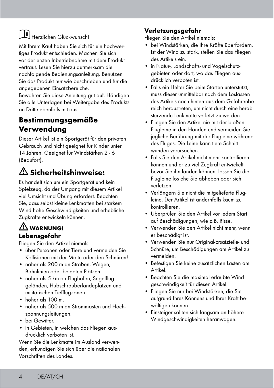 Bestimmungsgemäße verwendung, Sicherheitshinweise | Crivit Sports Stunt Kite User Manual | Page 4 / 36