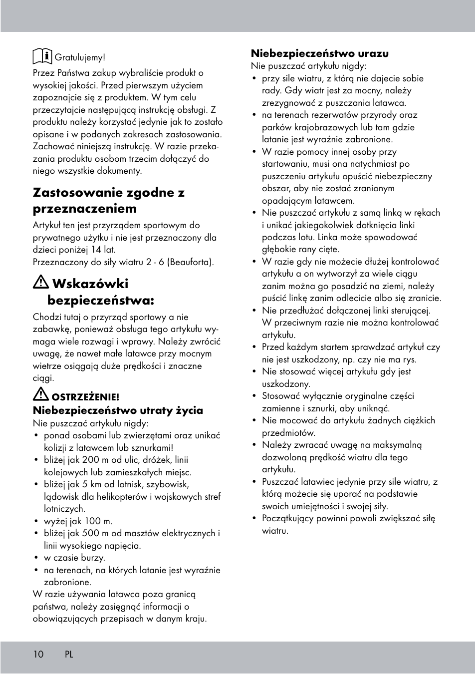 Zastosowanie zgodne z przeznaczeniem, Wskazówki bezpieczeństwa | Crivit Sports Stunt Kite User Manual | Page 10 / 48