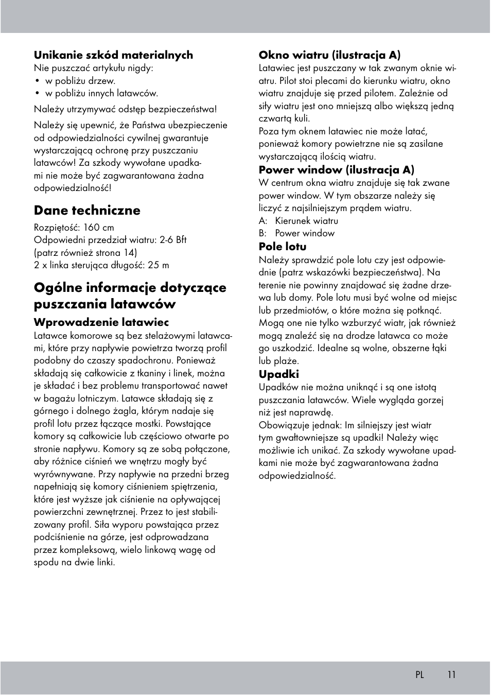 Dane techniczne, Ogólne informacje dotyczące puszczania latawców | Crivit Sports Stunt Kite User Manual | Page 11 / 48