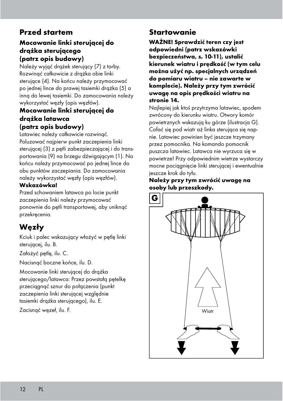 Startowanie, Przed startem, Węzły | Crivit Sports Stunt Kite User Manual | Page 12 / 48