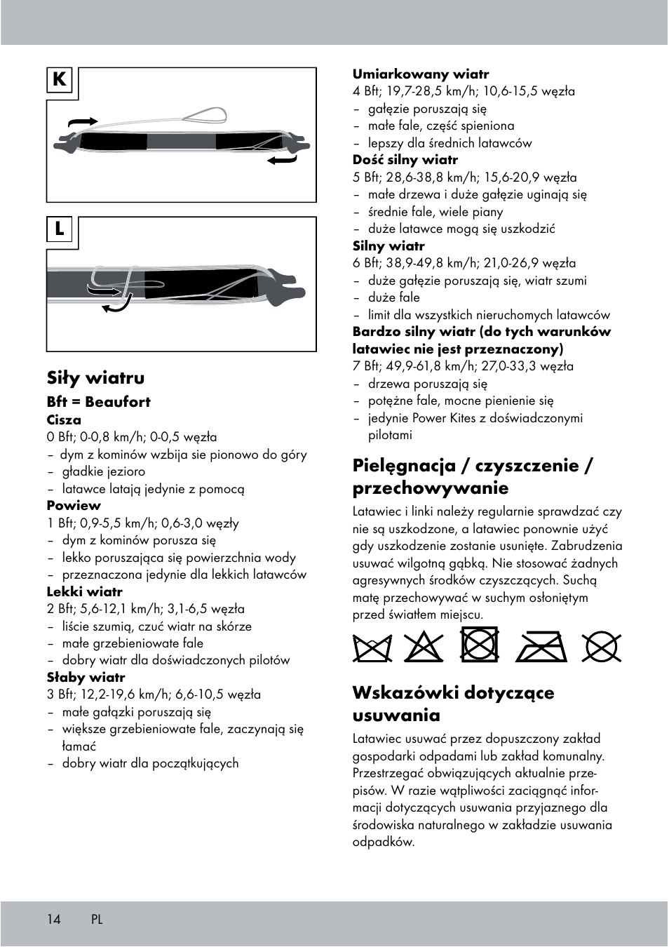 Pielęgnacja / czyszczenie / przechowywanie, Wskazówki dotyczące usuwania, Siły wiatru | Crivit Sports Stunt Kite User Manual | Page 14 / 48