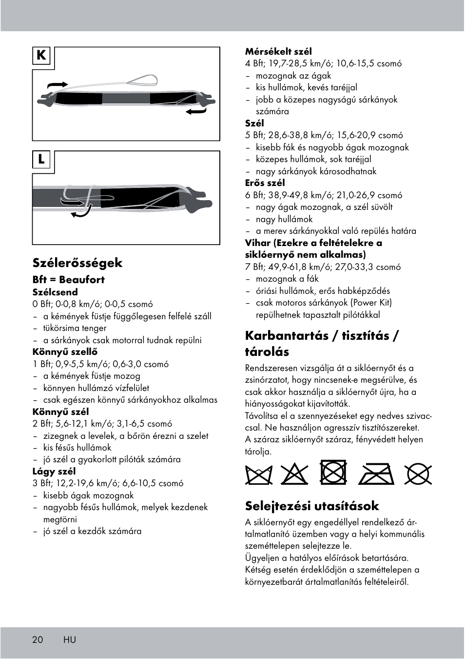 Karbantartás / tisztítás / tárolás, Selejtezési utasítások, Szélerősségek | Crivit Sports Stunt Kite User Manual | Page 20 / 48