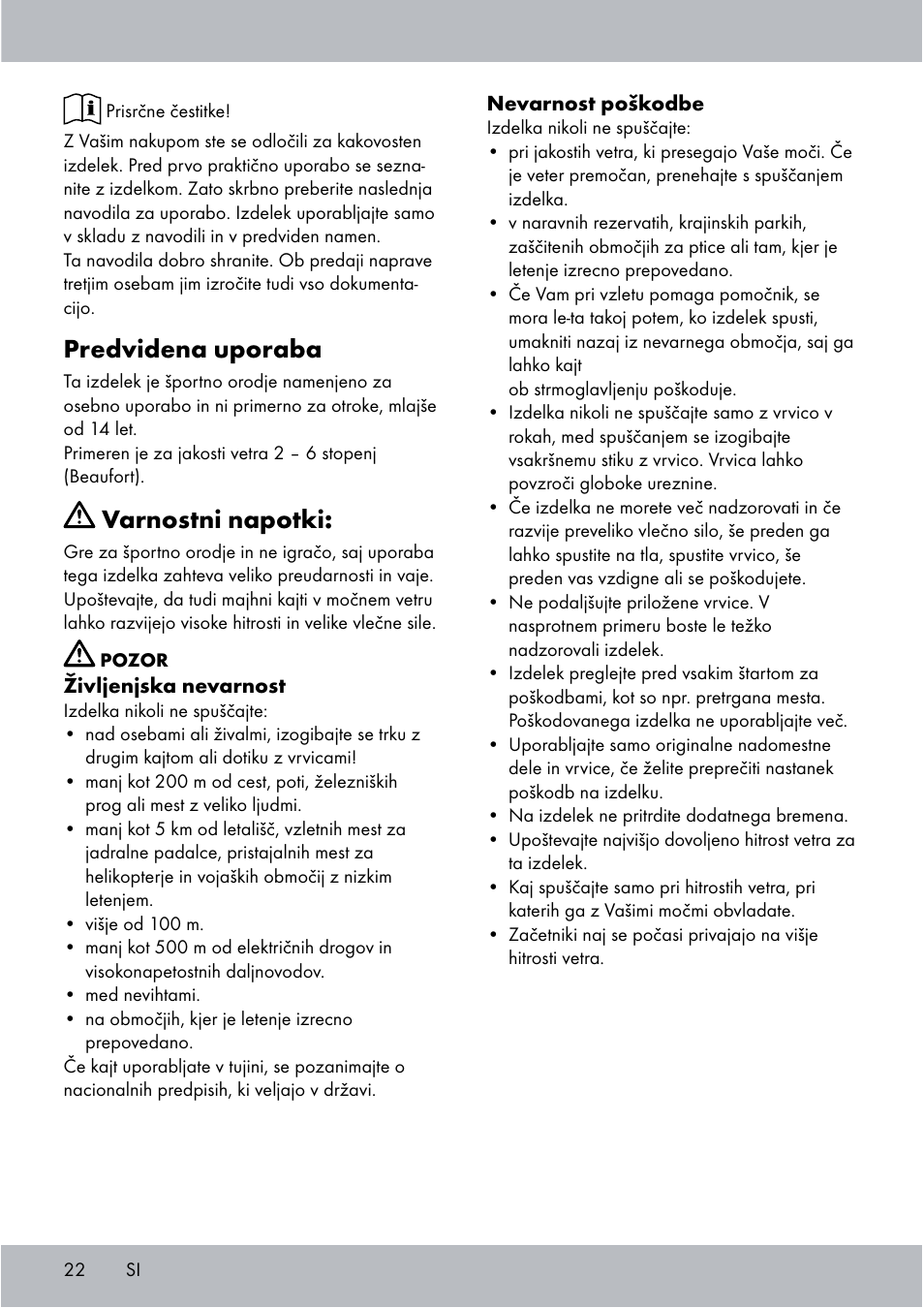 Predvidena uporaba, Varnostni napotki | Crivit Sports Stunt Kite User Manual | Page 22 / 48