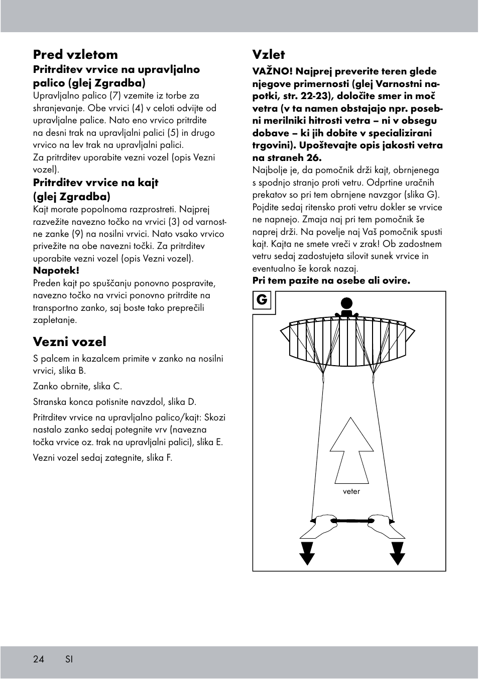 Vzlet, Pred vzletom, Vezni vozel | Crivit Sports Stunt Kite User Manual | Page 24 / 48