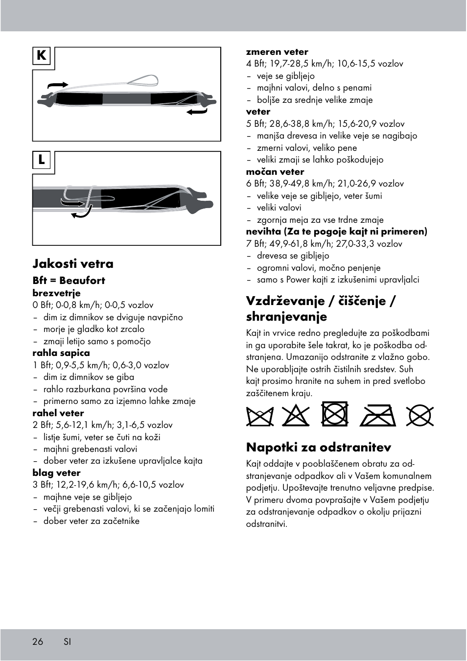 Vzdrževanje / čiščenje / shranjevanje, Napotki za odstranitev, Jakosti vetra | Crivit Sports Stunt Kite User Manual | Page 26 / 48