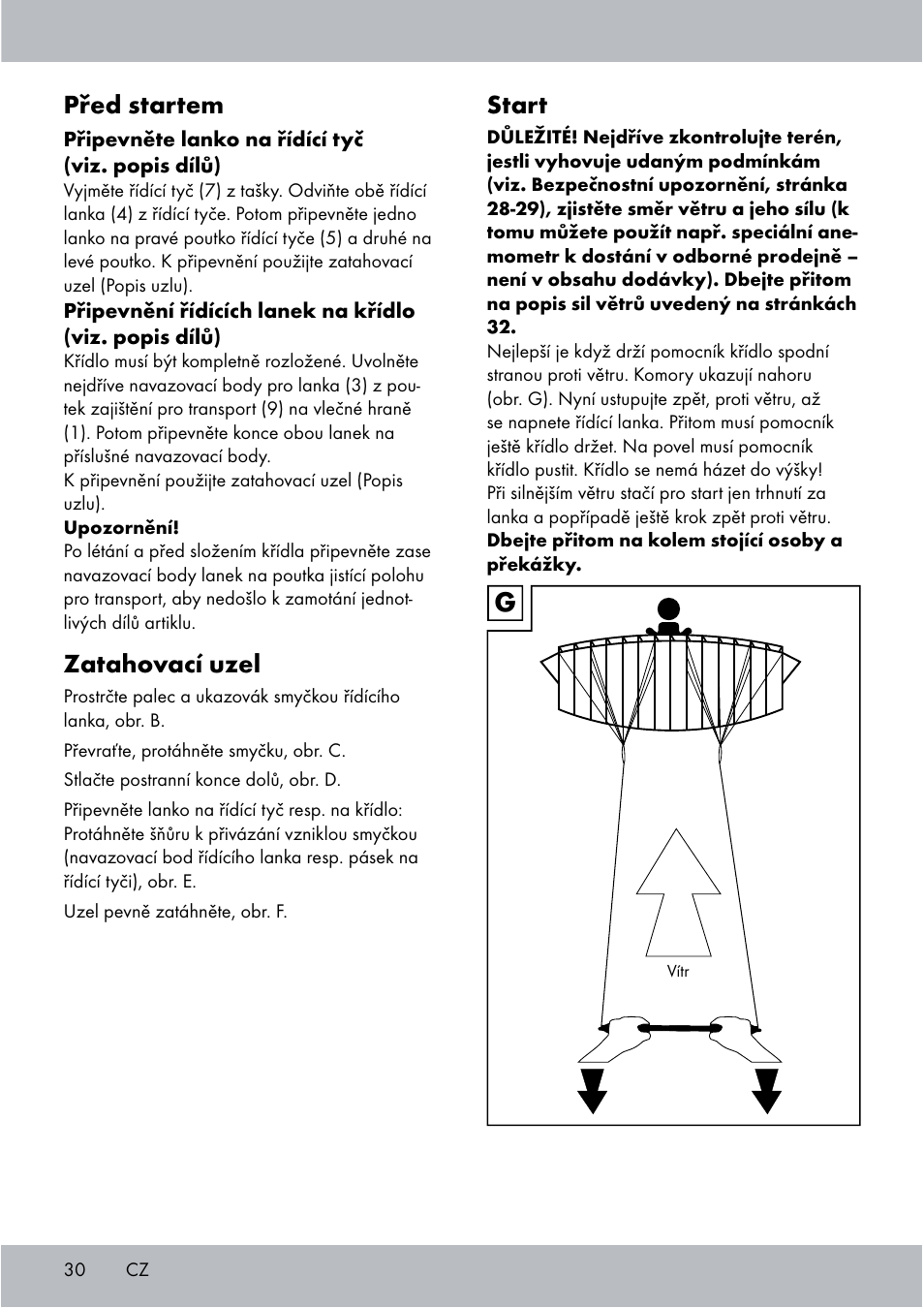 Start, Před startem, Zatahovací uzel | Crivit Sports Stunt Kite User Manual | Page 30 / 48