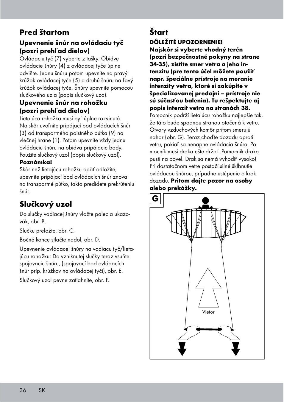 Štart, Pred štartom, Slučkový uzol | Crivit Sports Stunt Kite User Manual | Page 36 / 48